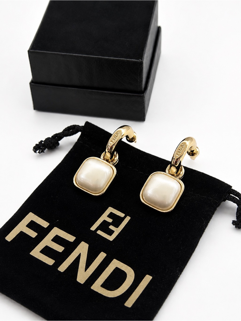 Vintage Fendi Gold-Tone Square Faux Pearl Drop Earrings
